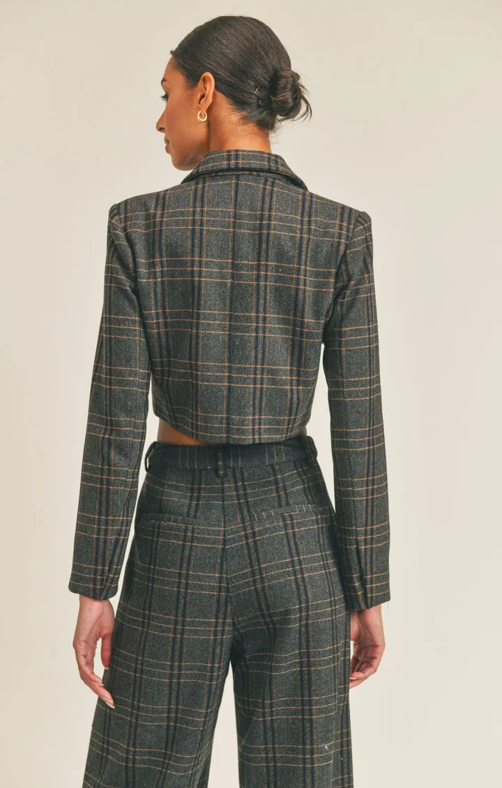 Sage The Label Know You Plaid Crop Blazer in Charcoal Multi